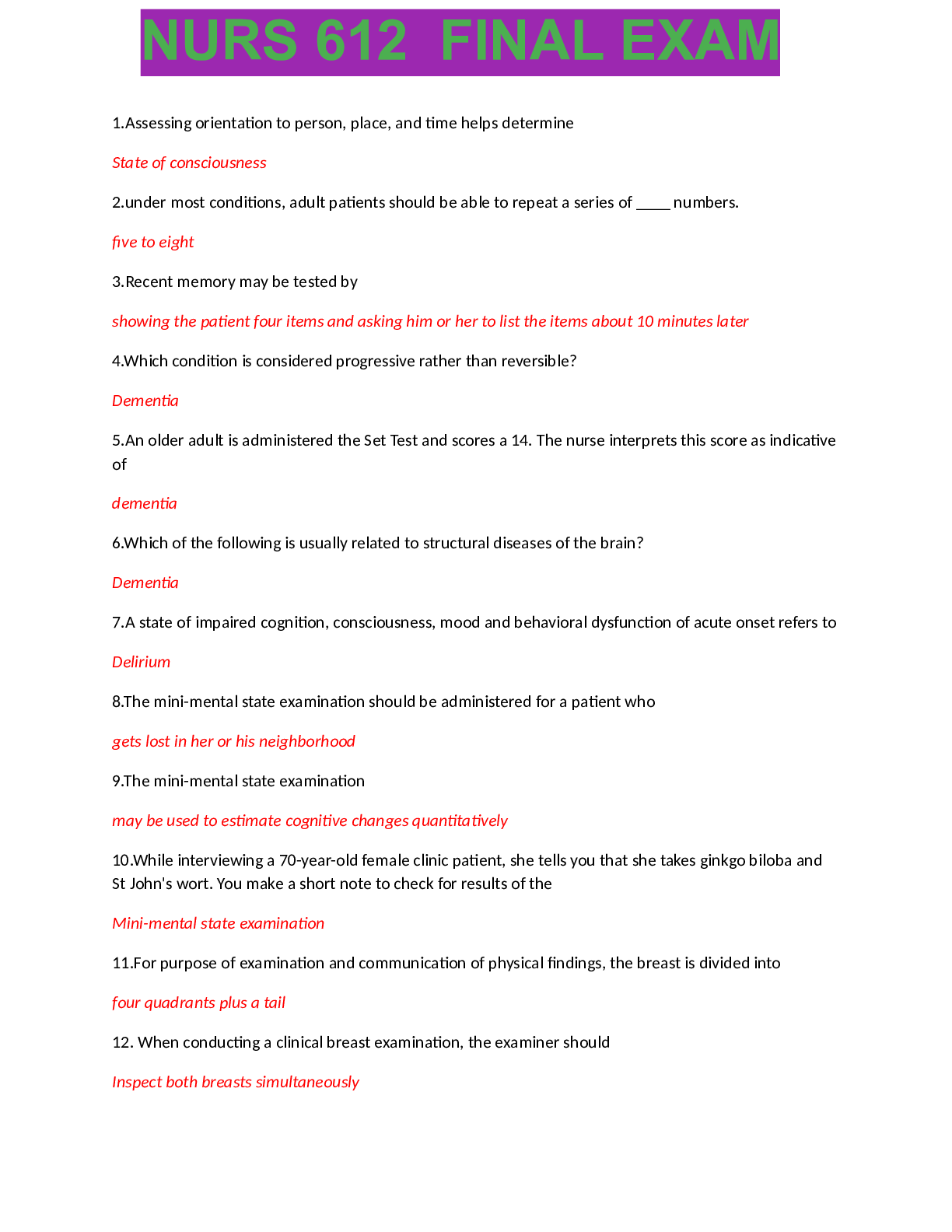 Preview image for NURS 612 FINAL EXAM_NURS 612 Advanced Health Assessment Final Exam Questions and Answers Graded A